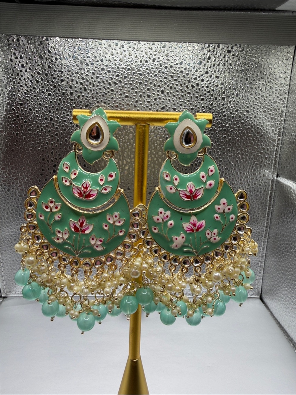 Pale Green Floral Meenakari Chandbali Earrings with Pearl Tassels